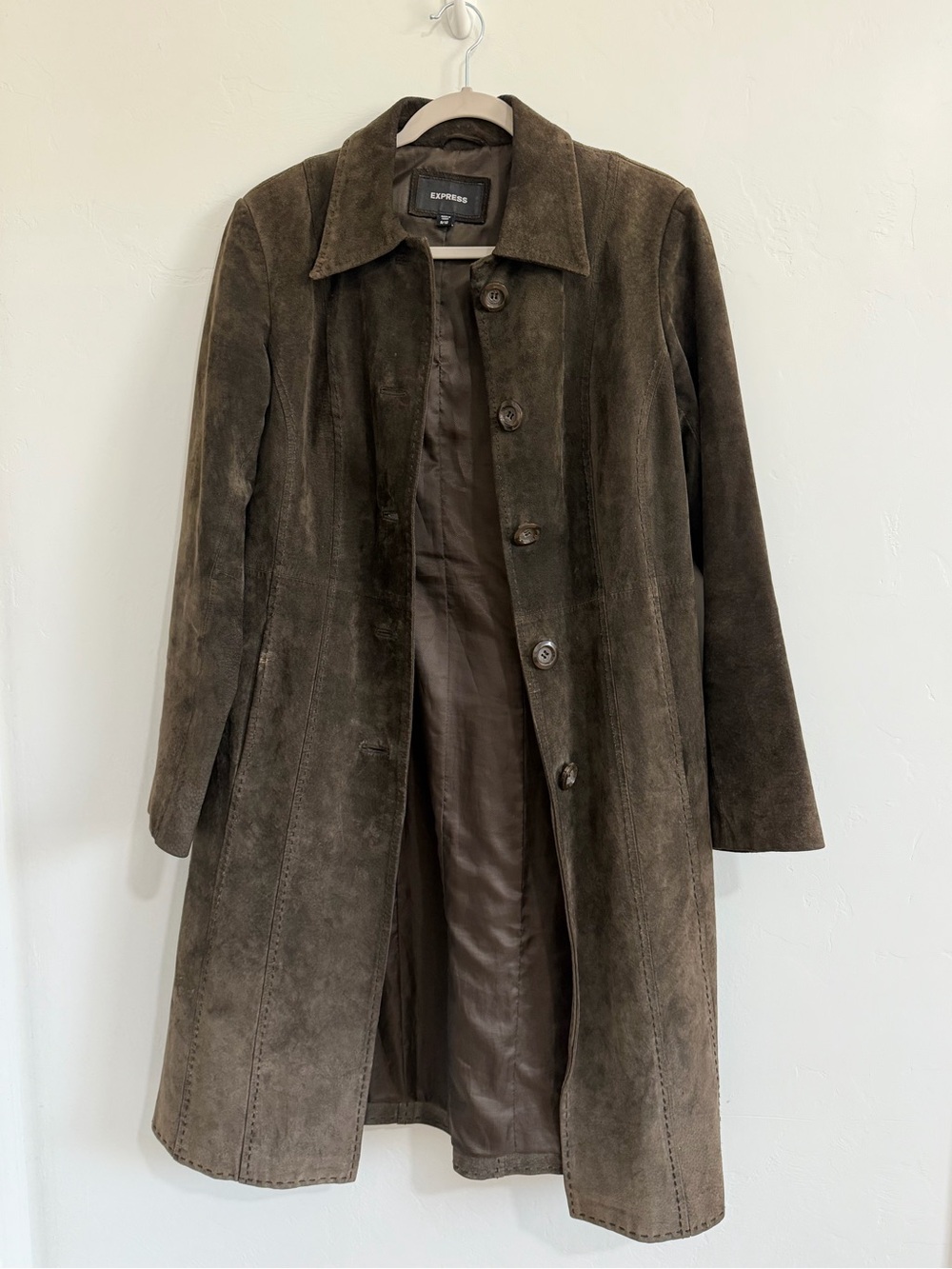 Vintage Express Brown Suede Leather Duster Coat Jacket Womens 9/10 Western Y2K